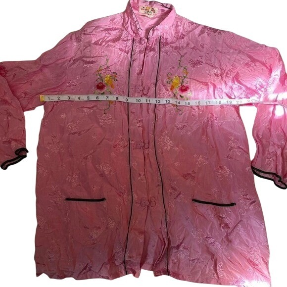 Golden Bee Vintage Pink Silk Damask Embroidered Bird Mandarin Jacket Womens L - Picture 5 of 6